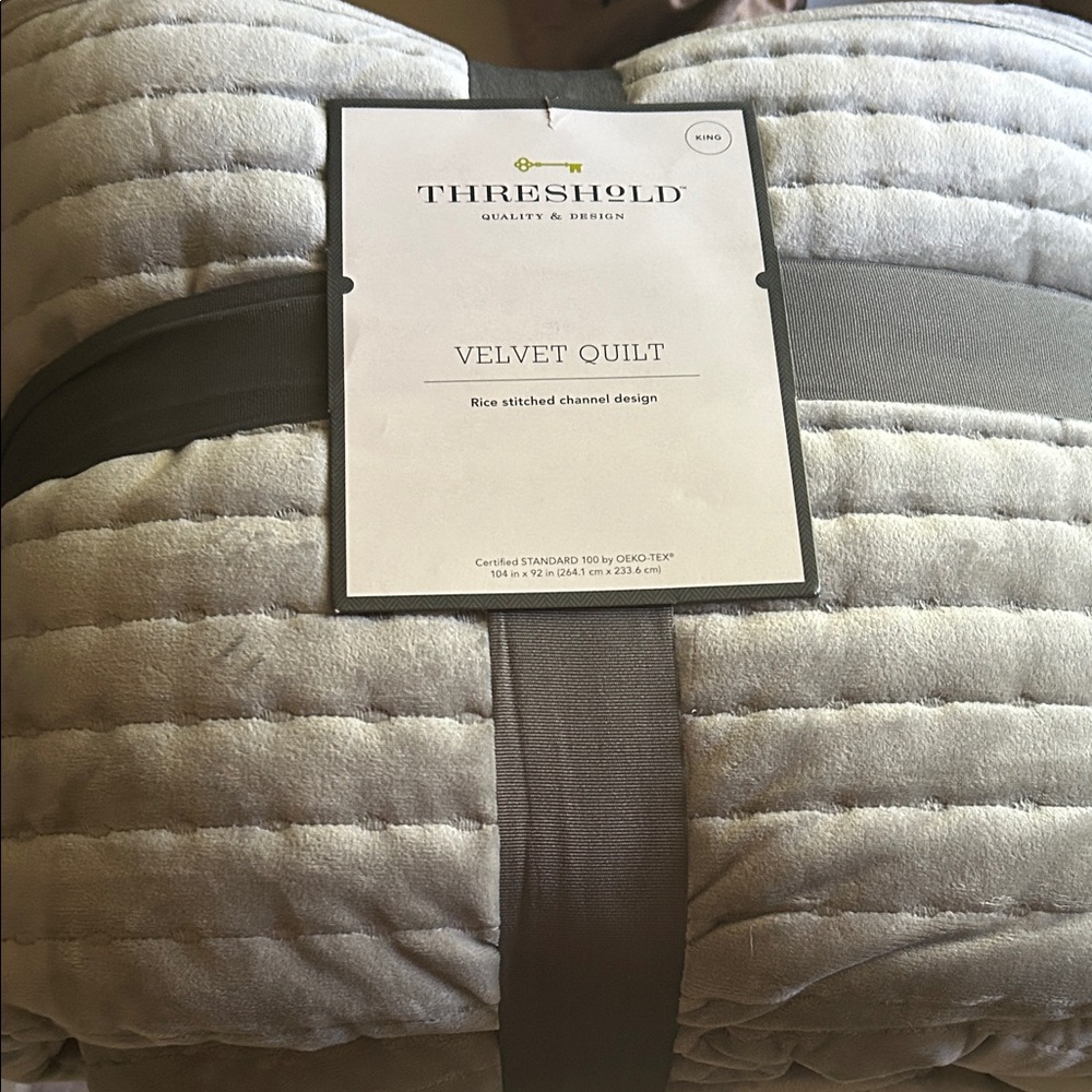 Threshold King Rice Stitched Channel Velvet Quilt Gray, 104” x 92”